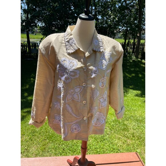 Coldwater Creek Embroidered Silk Blend Button-Up Top XXL Ivory & White - Picture 1 of 7